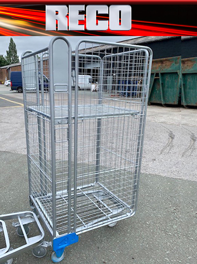 Used Colour Coded 4 Sided Mesh A Frame Nestable Roll Cages with Shelf