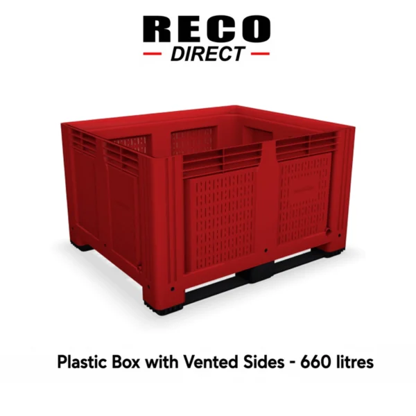 New Red Vented Plastic Pallet Box – 610 Litre